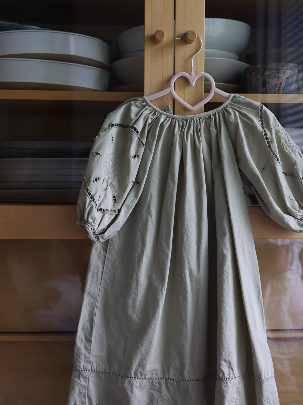 Zara Olive Green Embroidered Puff-Sleeve Dress